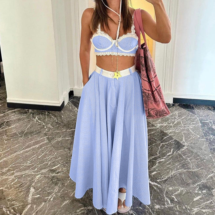 2 Pieces Lace Splicing Sling Vest High Waist Big Swing Skirt Fashion Blue Print Sets Spaghetti Strap Lace Bra And High Waisted Loose Pleated Skirts Sets