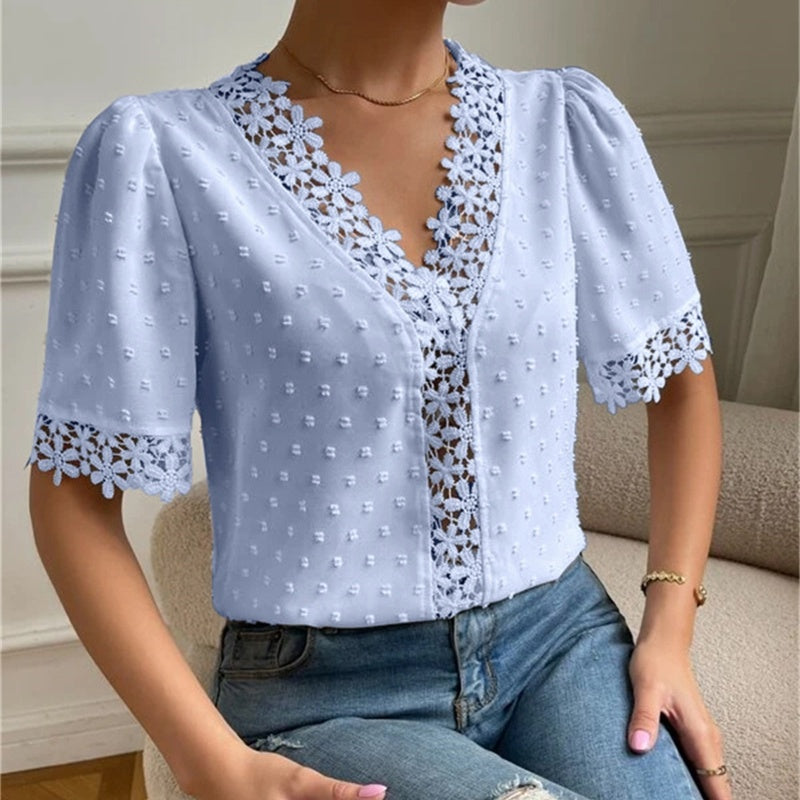 Floral Lace Short Sleeve Shirt Summer Fashion V-Neck Tops Women's Clothing