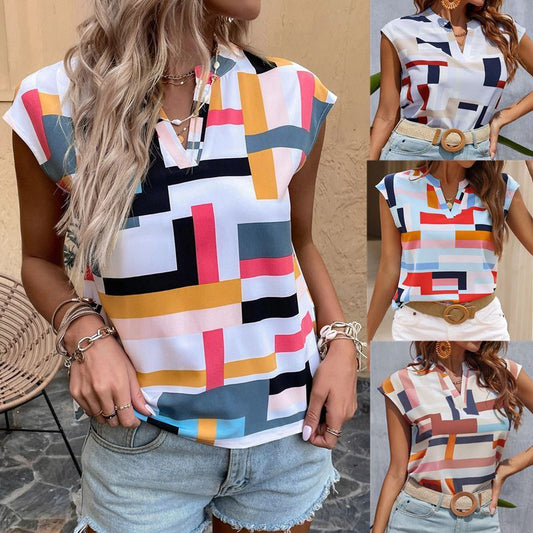 Women's Digital Print Doll Sleeve V-Neck Top