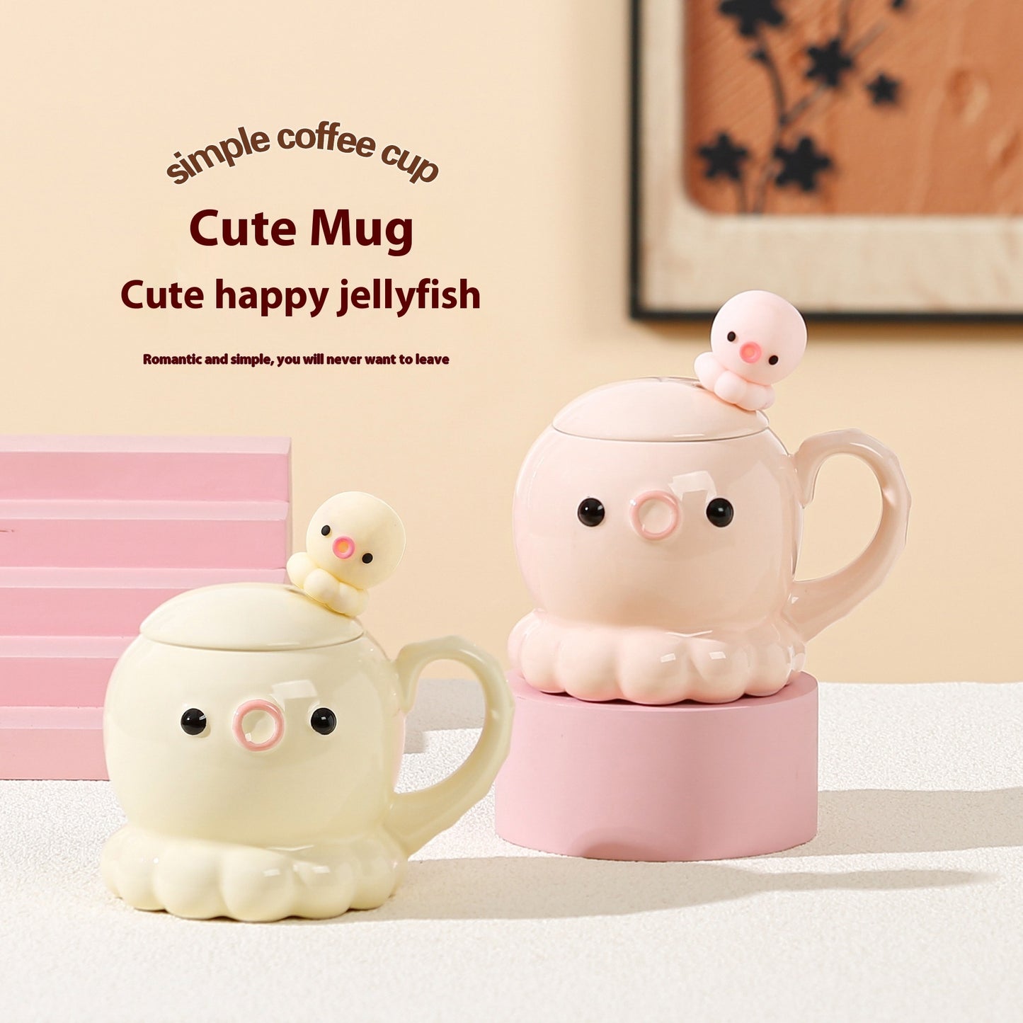 Adorkable Jellyfish Mug Ceramic Cup Children's Birthday Gift Coffee Cup With Cover Spoon Kitchen Gadgets