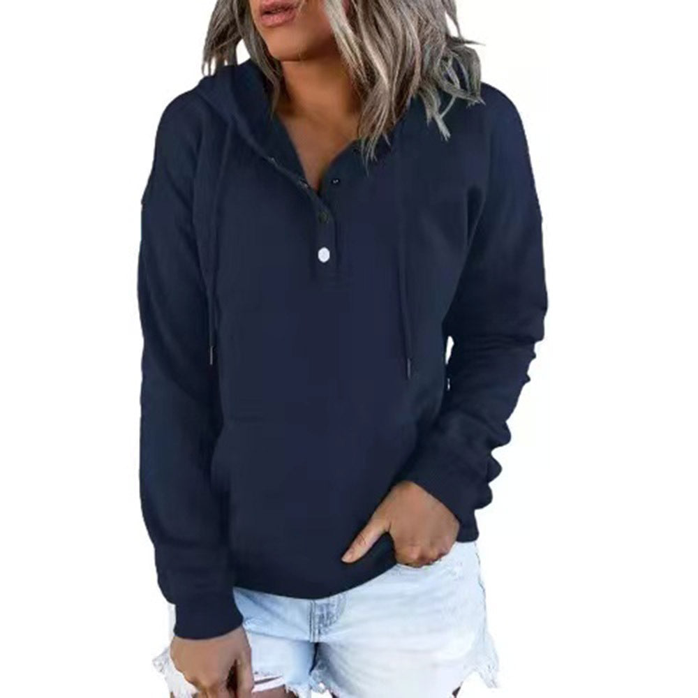 Long-sleeved Hooded Sweatshirt With Pockets Fashion Casual Button Drawstring Design Hoodie Top Spring And Autumn Sports Clothing For Women