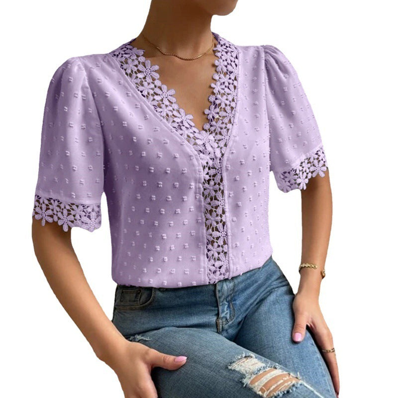 Floral Lace Short Sleeve Shirt Summer Fashion V-Neck Tops Women's Clothing