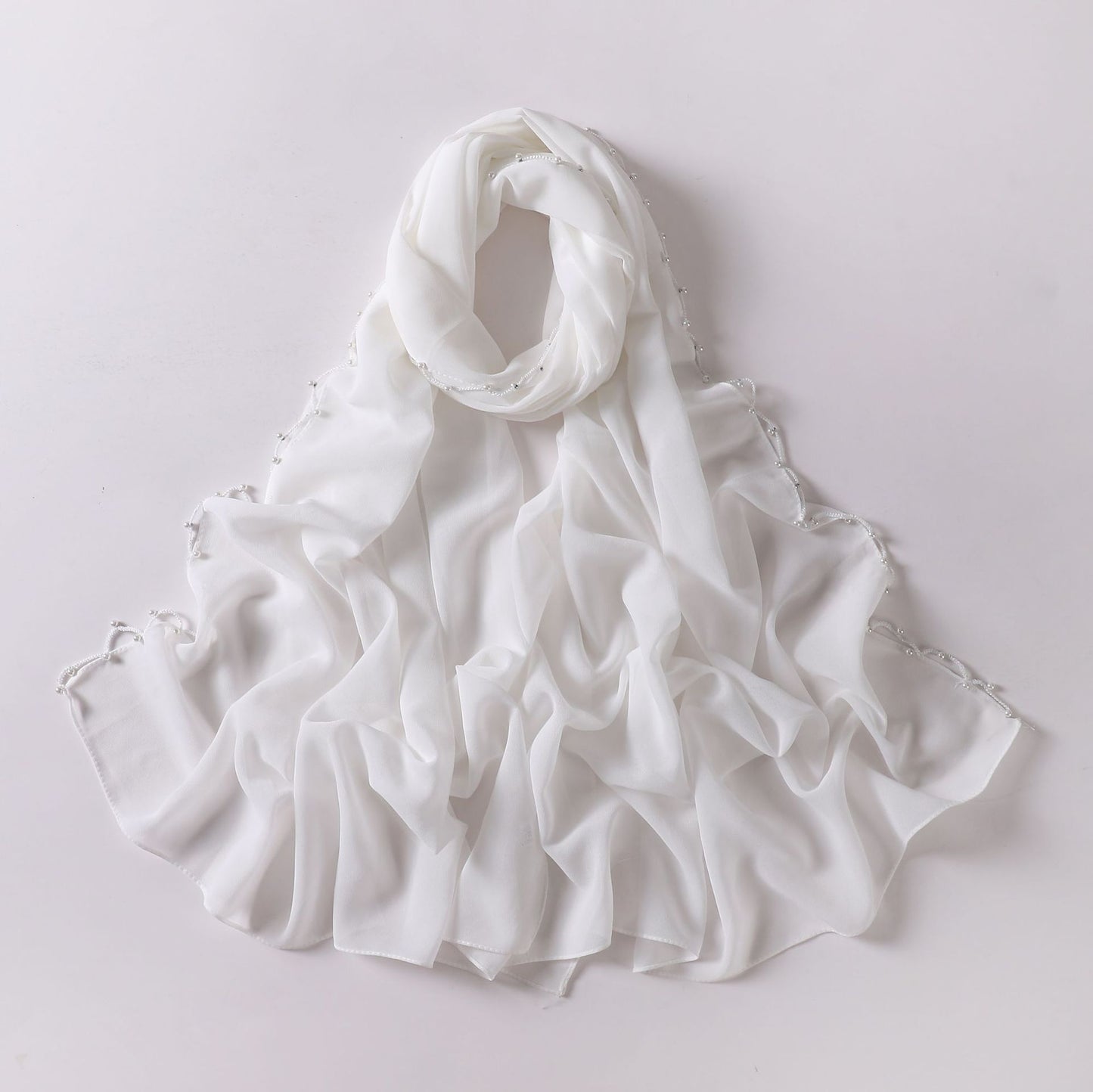 Pearl Chiffon Wavy Edge Beaded Scarf