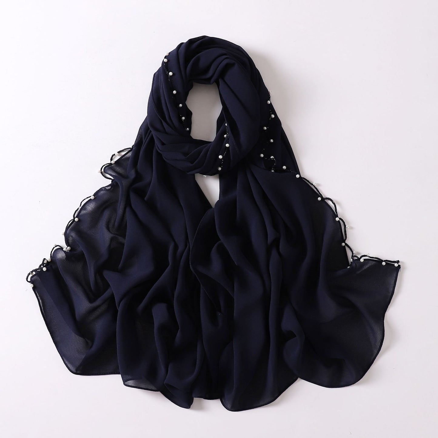 Pearl Chiffon Wavy Edge Beaded Scarf