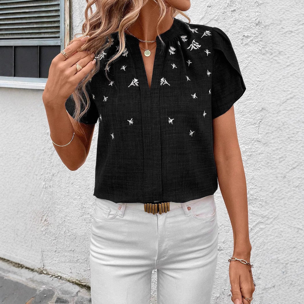 Half-open Collar Short Sleeve Shoulder Creasing Printed Shirt Women's Blouse