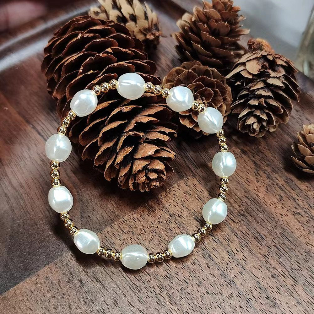 Elegant Freshwater Pearl And  Gold Bead Stretch Bracelet